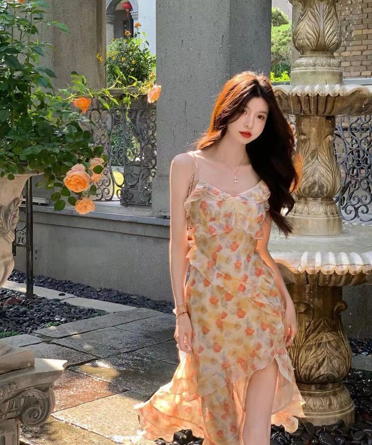 吊带裙女2025夏季法式性感v领高腰开叉雪纺不规则长裙碎花连