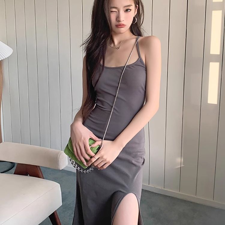 纯欲辣妹修身吊带连衣裙女夏法式气质性感御姐露背开叉包臀长裙子