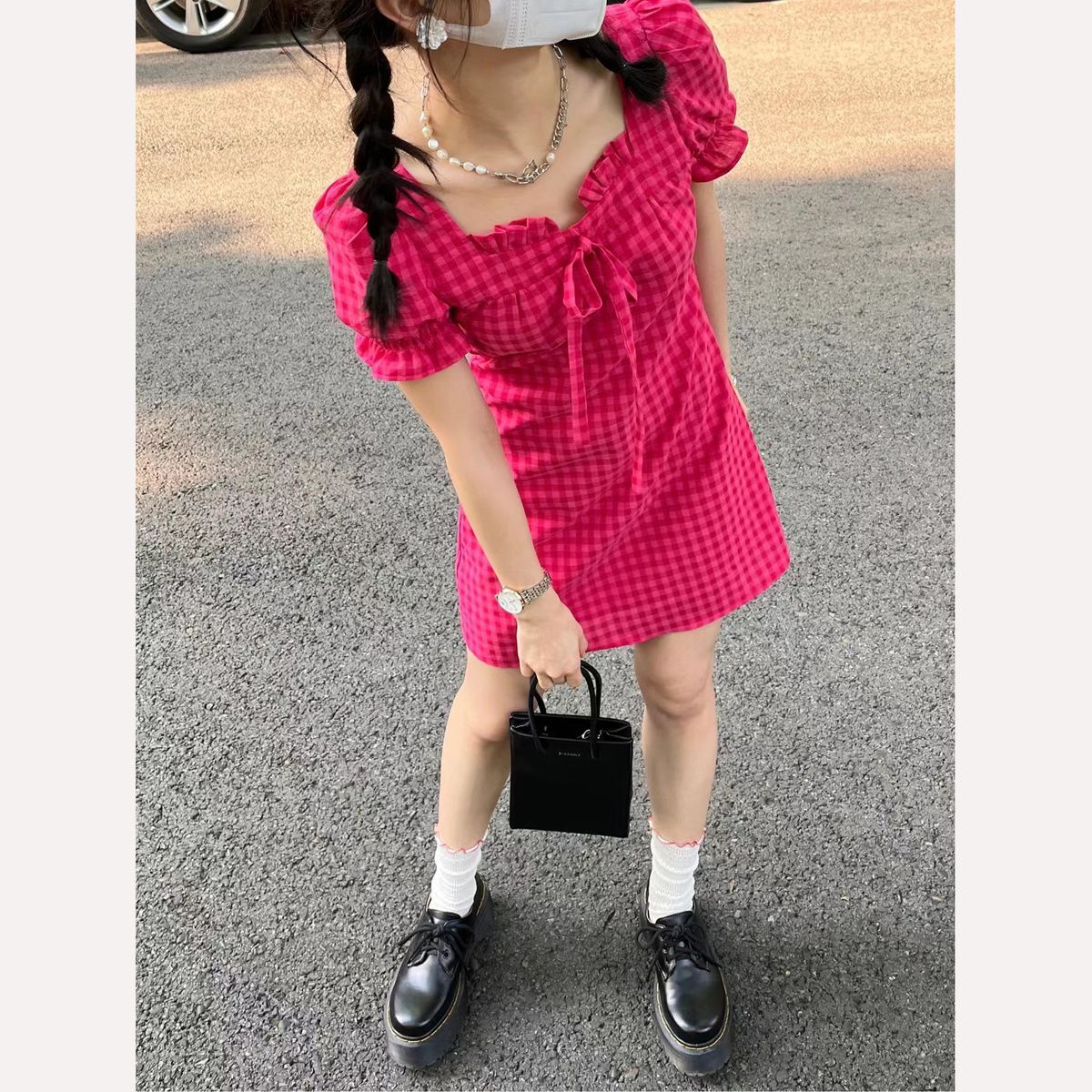 树莓红连衣裙短裙子2025新款夏季高腰玫红色格子裙小个子甜辣