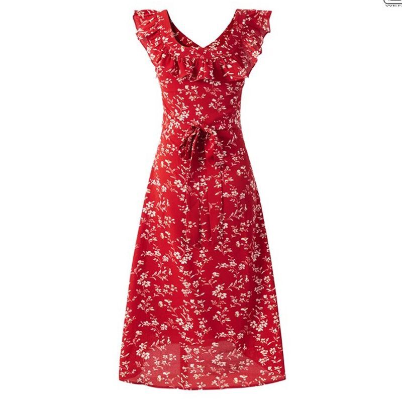 2025新款法式复古红底碎花V领荷叶边收腰系带显瘦吊带裙气质