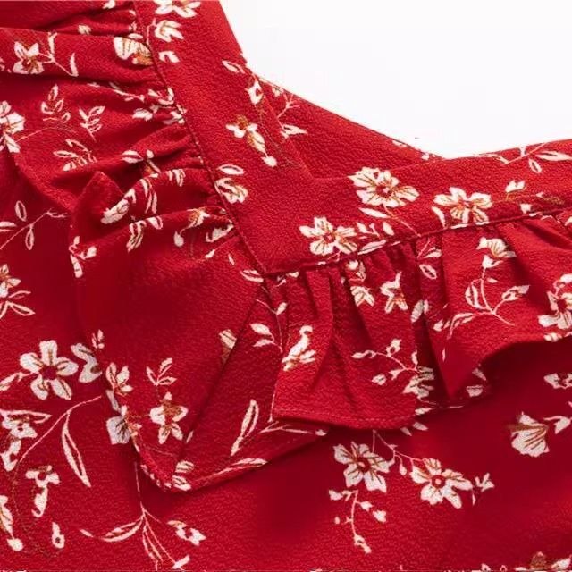 2025新款法式复古红底碎花V领荷叶边收腰系带显瘦吊带裙气质