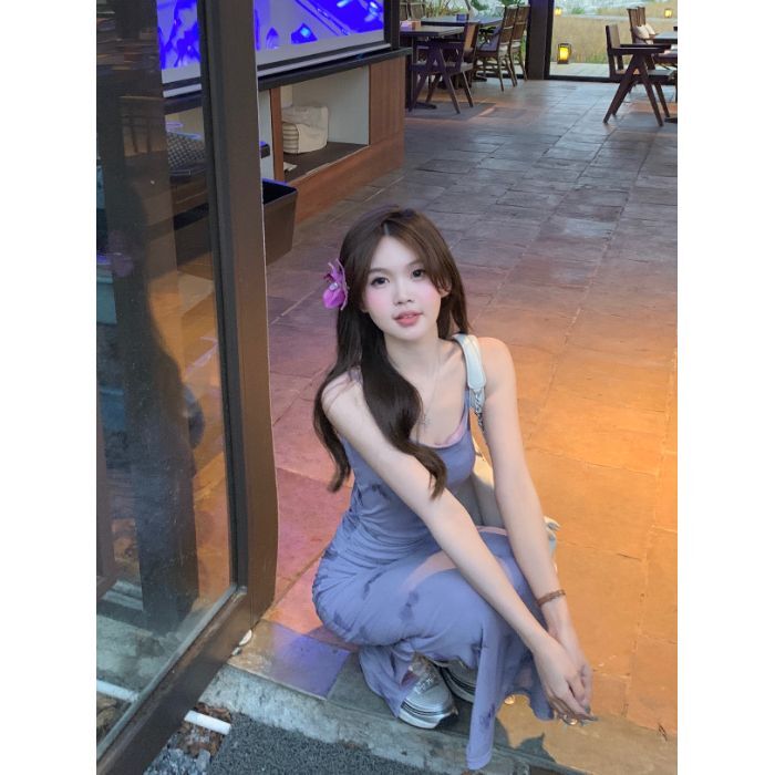 2025新款夏季新复古性感弹力网纱印花抽褶吊带连衣裙包臀沙滩