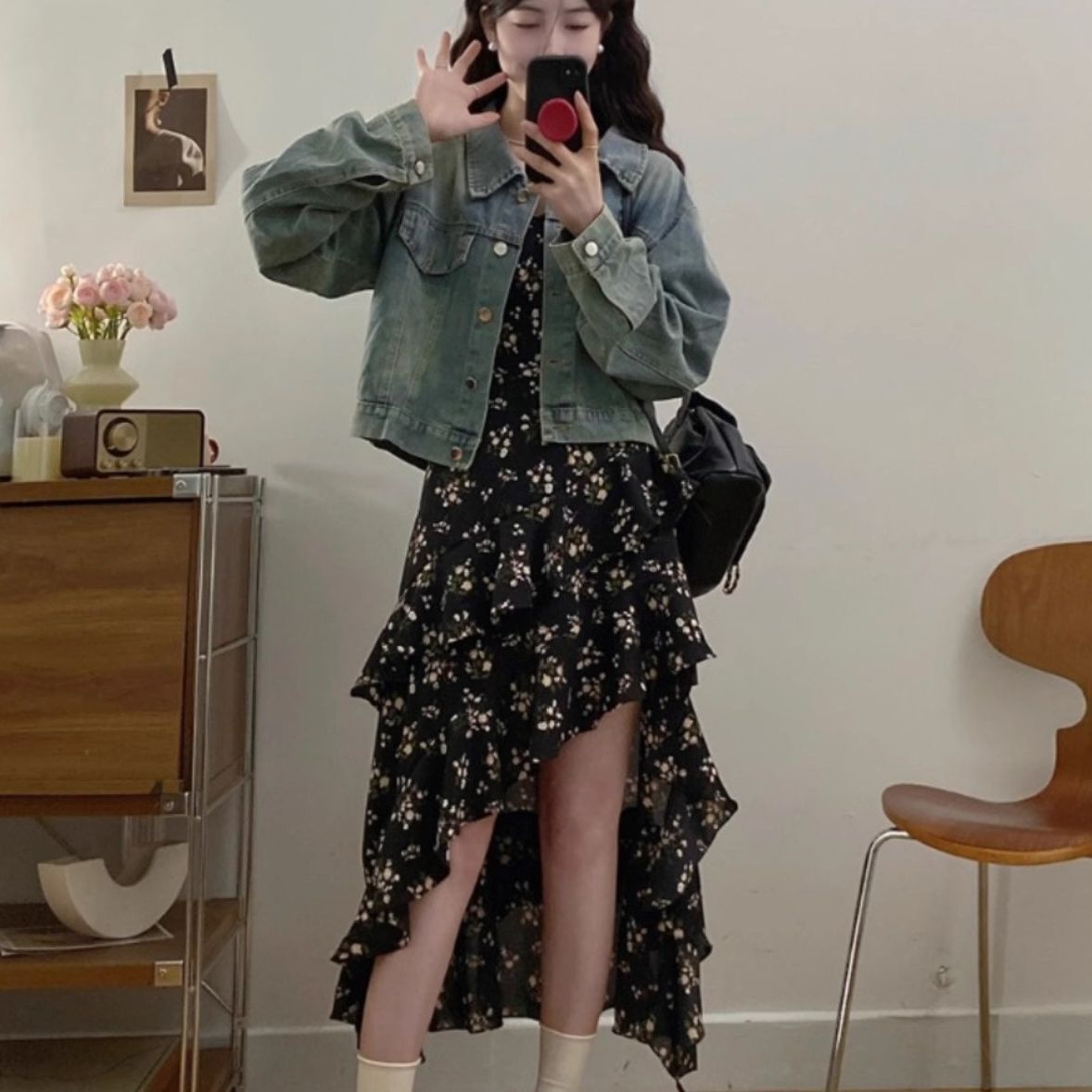 大码法式不规则碎花连衣裙女春季别致绝美吊带裙胖MM遮肚显瘦裙