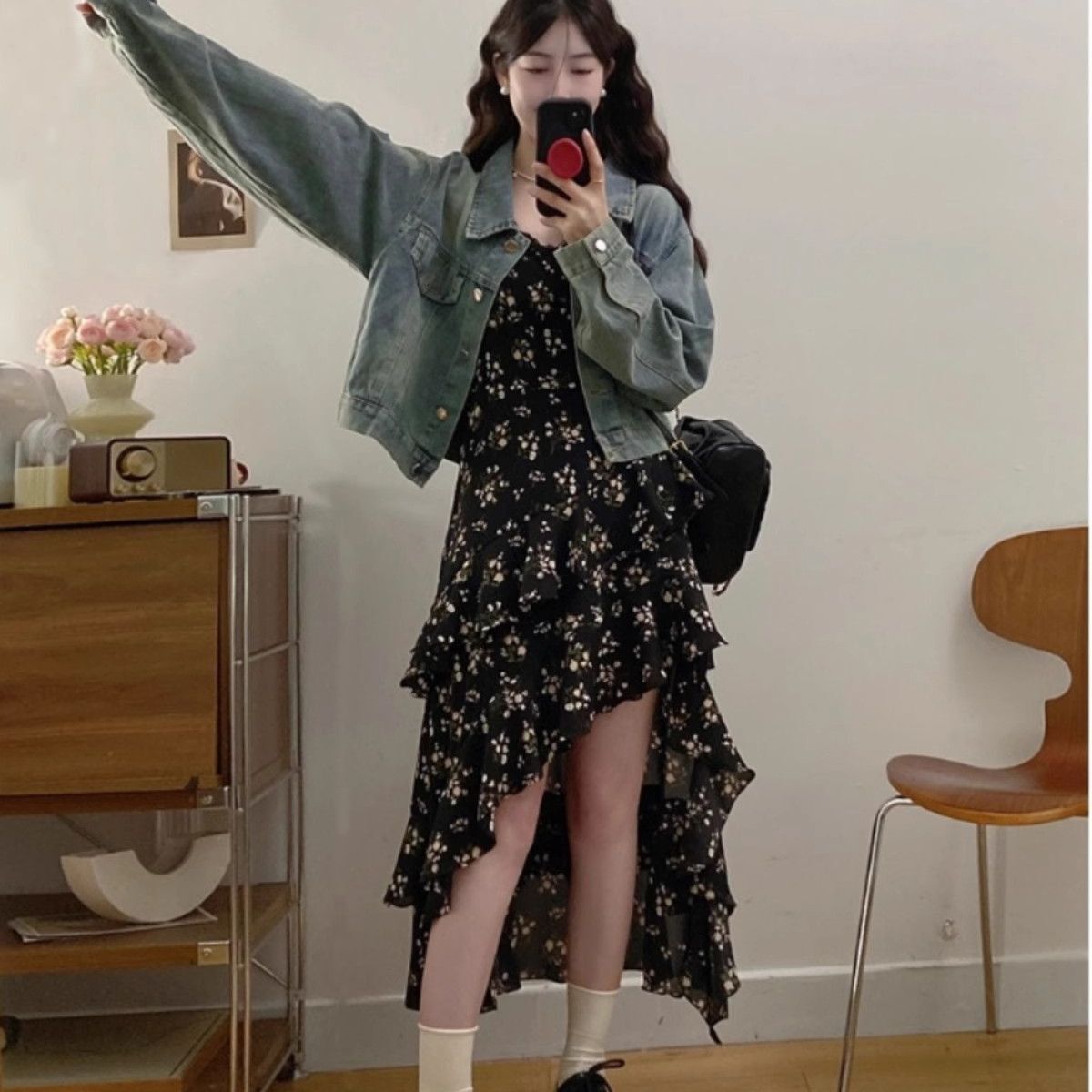 大码法式不规则碎花连衣裙女春季别致绝美吊带裙胖MM遮肚显瘦裙