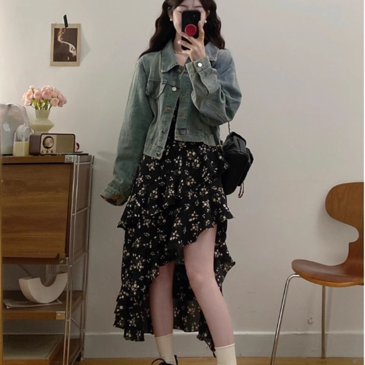 大码法式不规则碎花连衣裙女春季别致绝美吊带裙胖MM遮肚显瘦裙