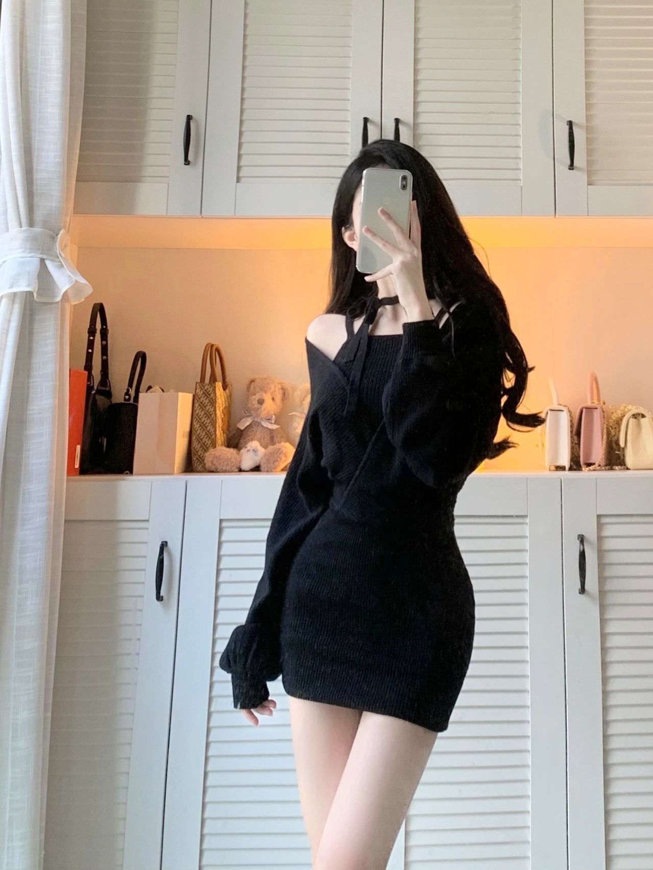 黑色性感辣妹针织连衣裙女秋装假两件紧身小个子纯欲后妈包臀短裙