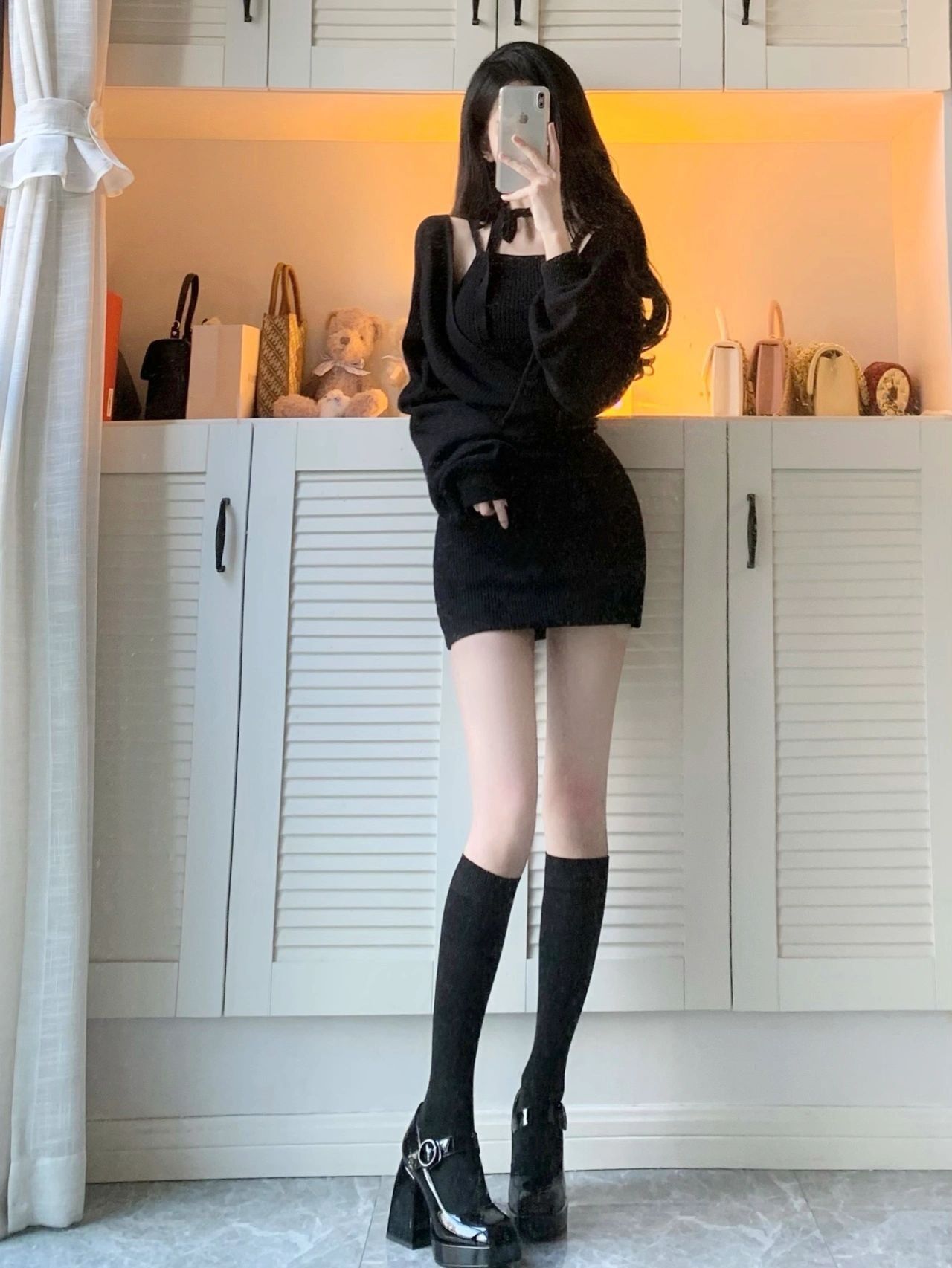 黑色性感辣妹针织连衣裙女秋装假两件紧身小个子纯欲后妈包臀短裙