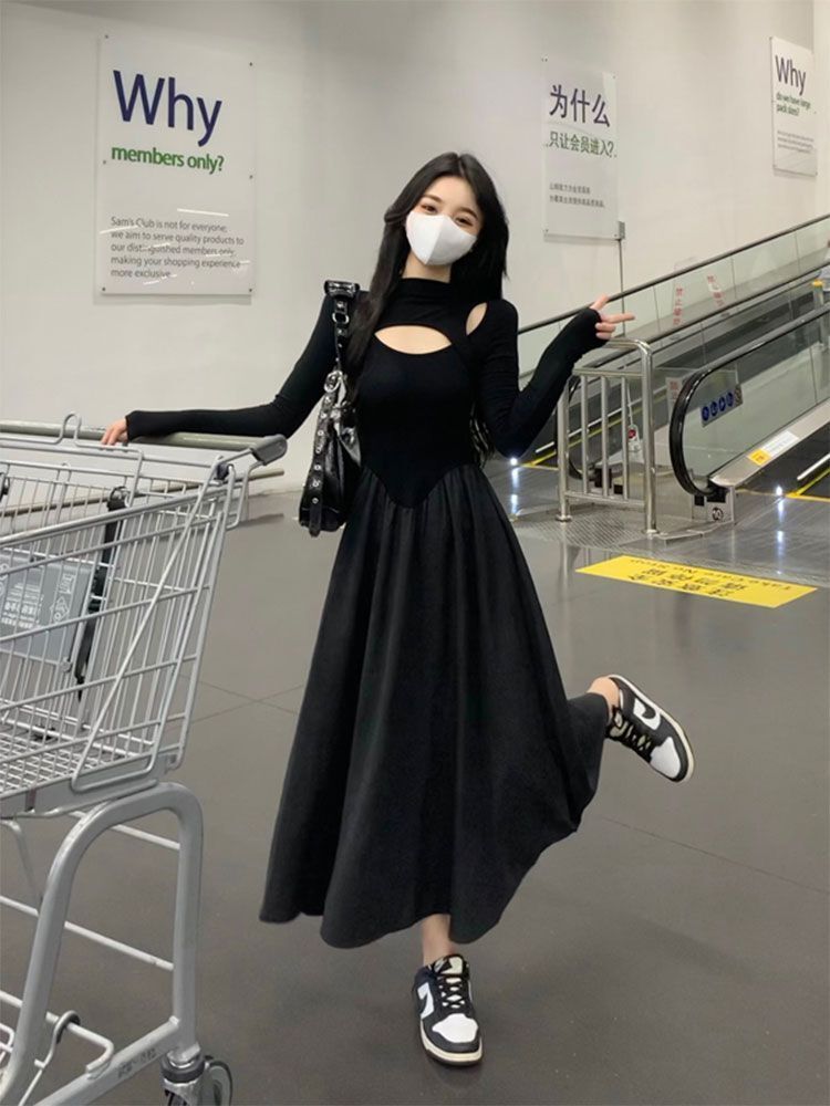 黑色赫本风大码连衣裙2025秋季小众设计感女装裙气质高腰显瘦