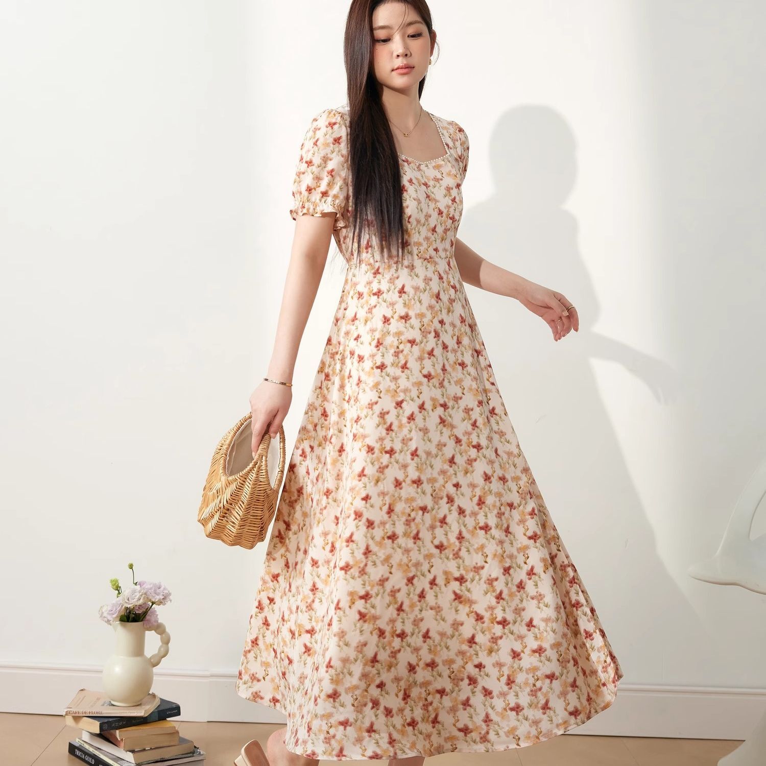 2025新款海边度假风方领泡泡袖连衣裙夏季女装胖mm显瘦碎花