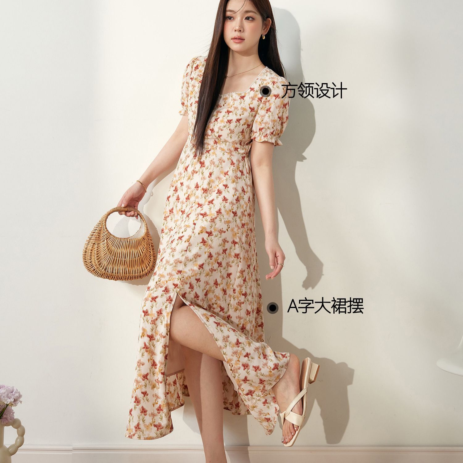 2025新款海边度假风方领泡泡袖连衣裙夏季女装胖mm显瘦碎花