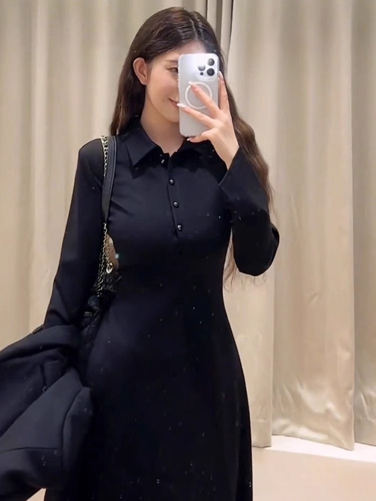 法式气质黑色长袖衬衫连衣裙女高级感御姐修身显瘦打底包臀长裙子