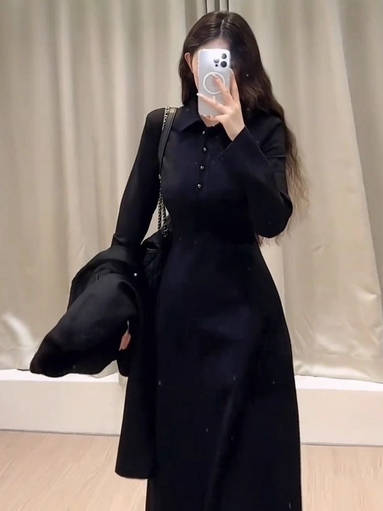 法式气质黑色长袖衬衫连衣裙女高级感御姐修身显瘦打底包臀长裙子