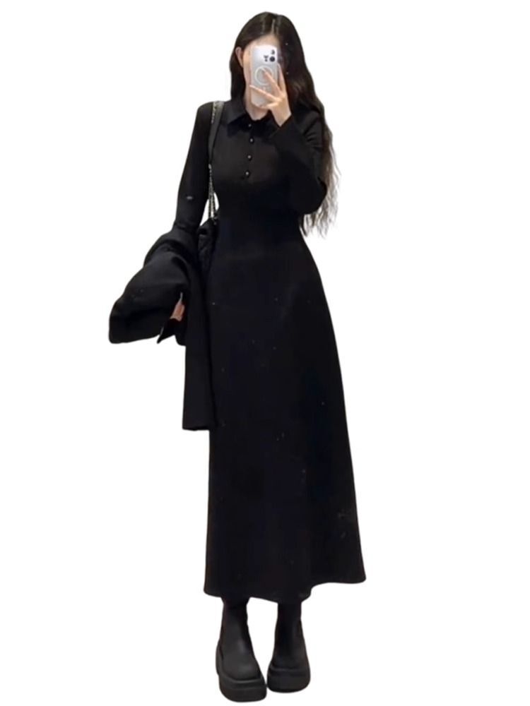 法式气质黑色长袖衬衫连衣裙女高级感御姐修身显瘦打底包臀长裙子