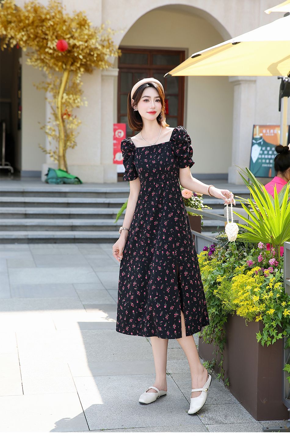 2025新款夏季泡泡袖碎花裙雪纺钉方领连衣女收腰小个子气质仙