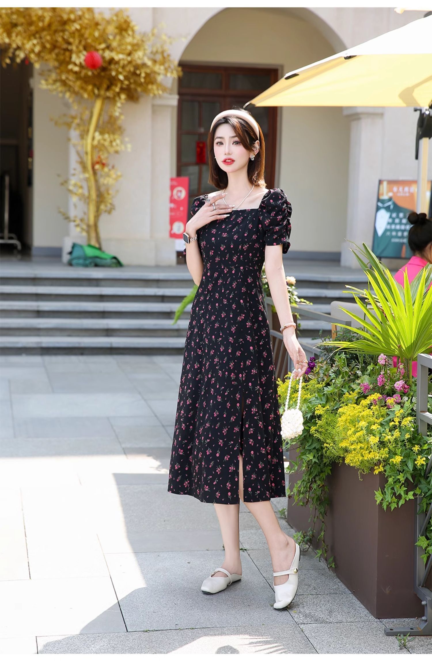 2025新款夏季泡泡袖碎花裙雪纺钉方领连衣女收腰小个子气质仙