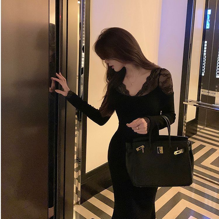 包臀鱼尾连衣裙女早秋高级气质收腰修身长裙2025新款V领蕾丝