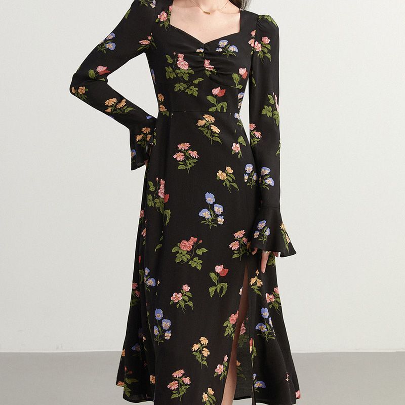 2025新款春秋大码女装中长裙子法式复古好看收腰侧开叉连衣裙