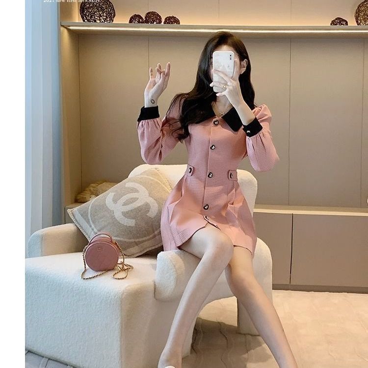 法式小香风连衣裙女粉色秋季新款小个子收腰显瘦高级爆款通勤外套