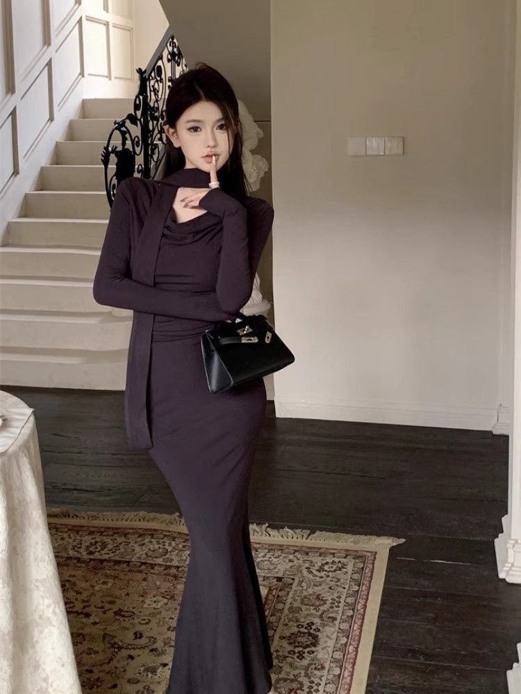 性感法式名媛荡领包臀长裙女2025早春装高级感气质修身鱼尾连 性感法式名媛荡领包臀长裙女2025早春装高级感气质修身鱼尾连