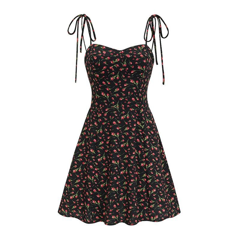 小邹菊碎花包臀连衣裙女夏季性感低胸绑带吊带A字裙短裙子沙滩裙