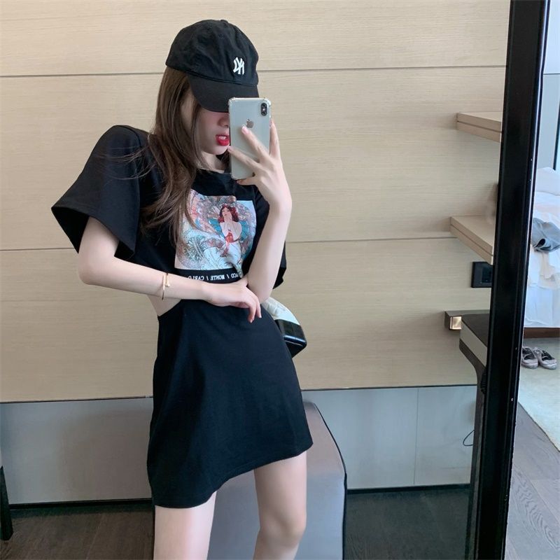 a字性感气质短袖t恤裙女短裙夏季上衣中长款连衣裙子半身裙包臀