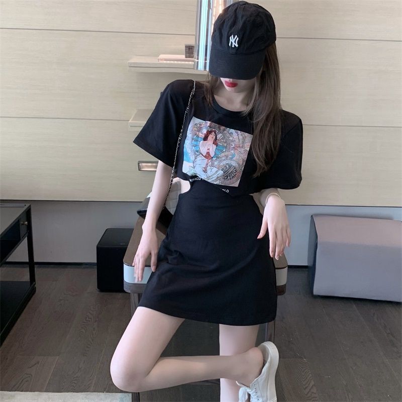 a字性感气质短袖t恤裙女短裙夏季上衣中长款连衣裙子半身裙包臀