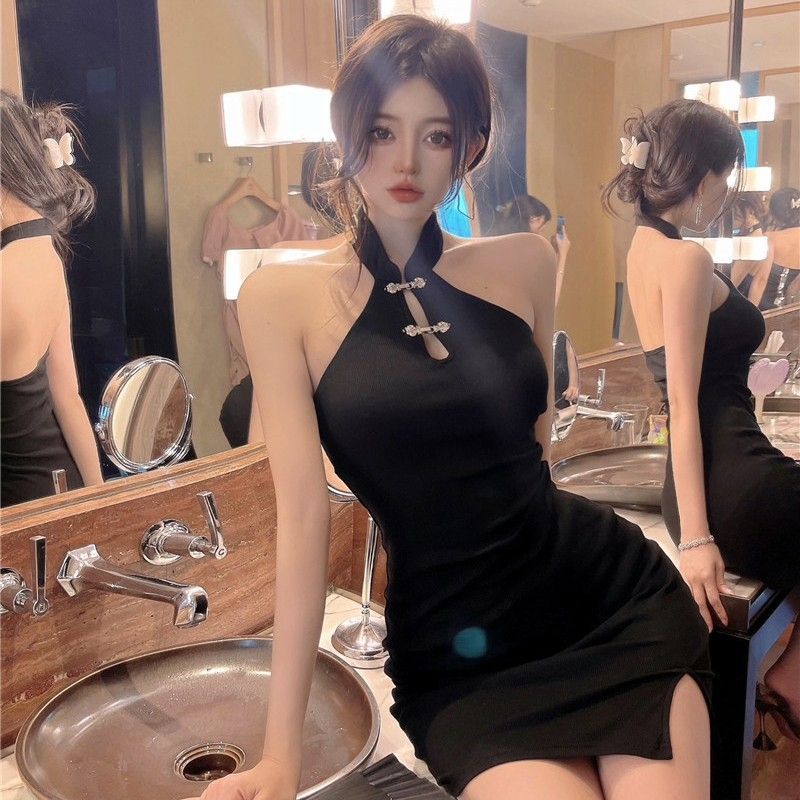 直播衣服女主播上镜年轻款少女性感黑色露肩挂脖改良旗袍连衣裙