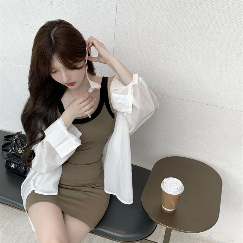 撞色U领吊带背心连衣裙女夏季辣妹修身显瘦性感气质包臀打底短裙