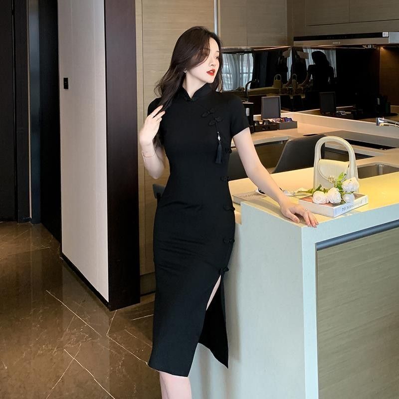 中式复古盘扣改良旗袍气质女神范裙子夏季性感收腰开叉包臀连衣裙
