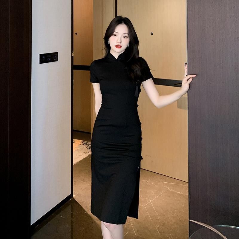 中式复古盘扣改良旗袍气质女神范裙子夏季性感收腰开叉包臀连衣裙