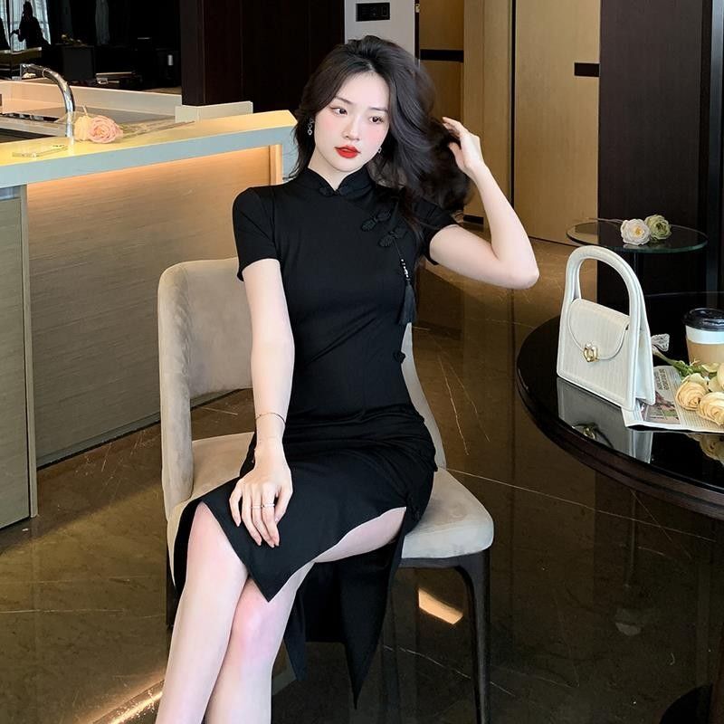 中式复古盘扣改良旗袍气质女神范裙子夏季性感收腰开叉包臀连衣裙