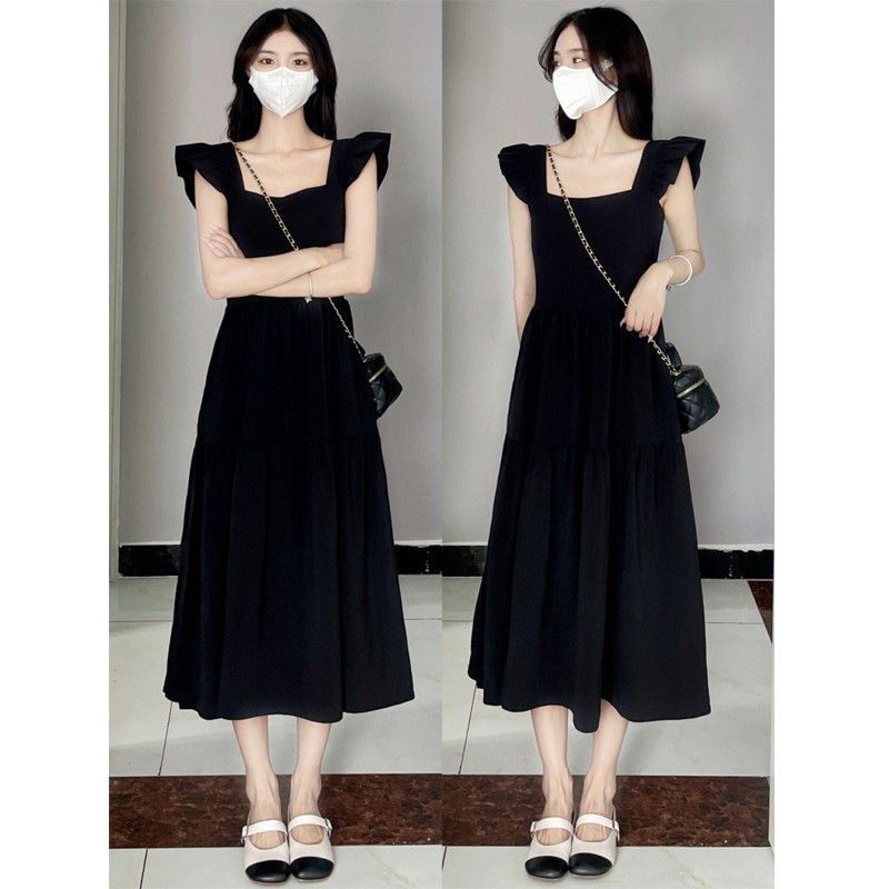 法式小飞袖a字连衣裙女夏季小个子收腰显瘦气质赫本风方领小黑裙