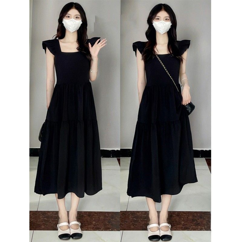法式小飞袖a字连衣裙女夏季小个子收腰显瘦气质赫本风方领小黑裙