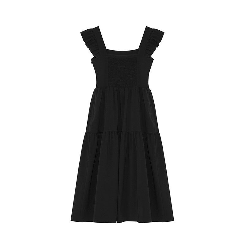 法式小飞袖a字连衣裙女夏季小个子收腰显瘦气质赫本风方领小黑裙