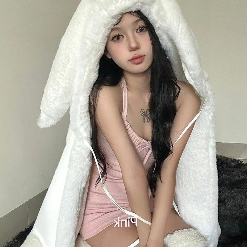 夏季新款辣妹风性感挂脖连衣裙女小个子褶皱系带收腰紧身包臀裙子