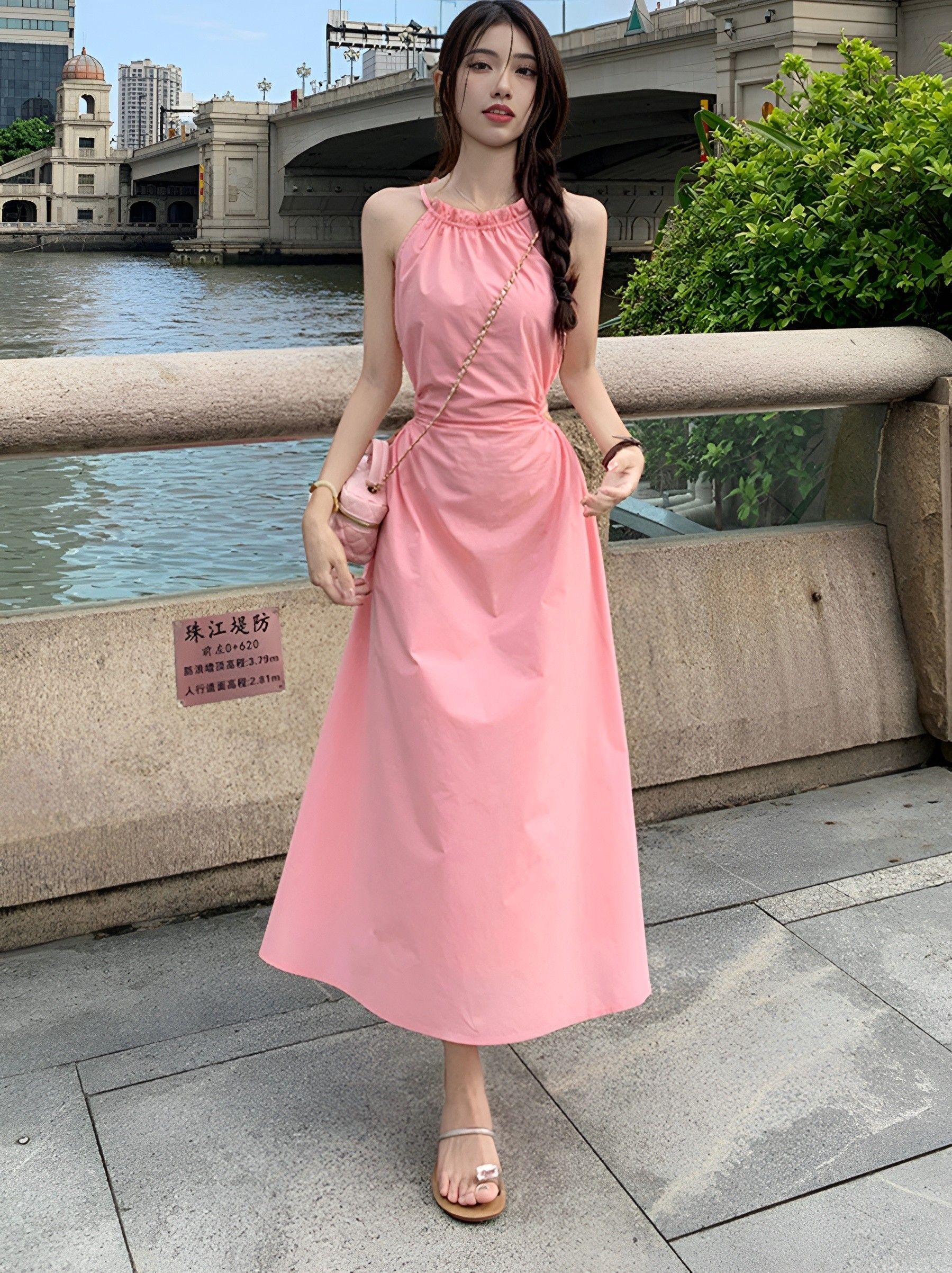 绝美粉色高级感挂脖吊带连衣裙女纯欲性感气质收腰绑带大摆长裙子