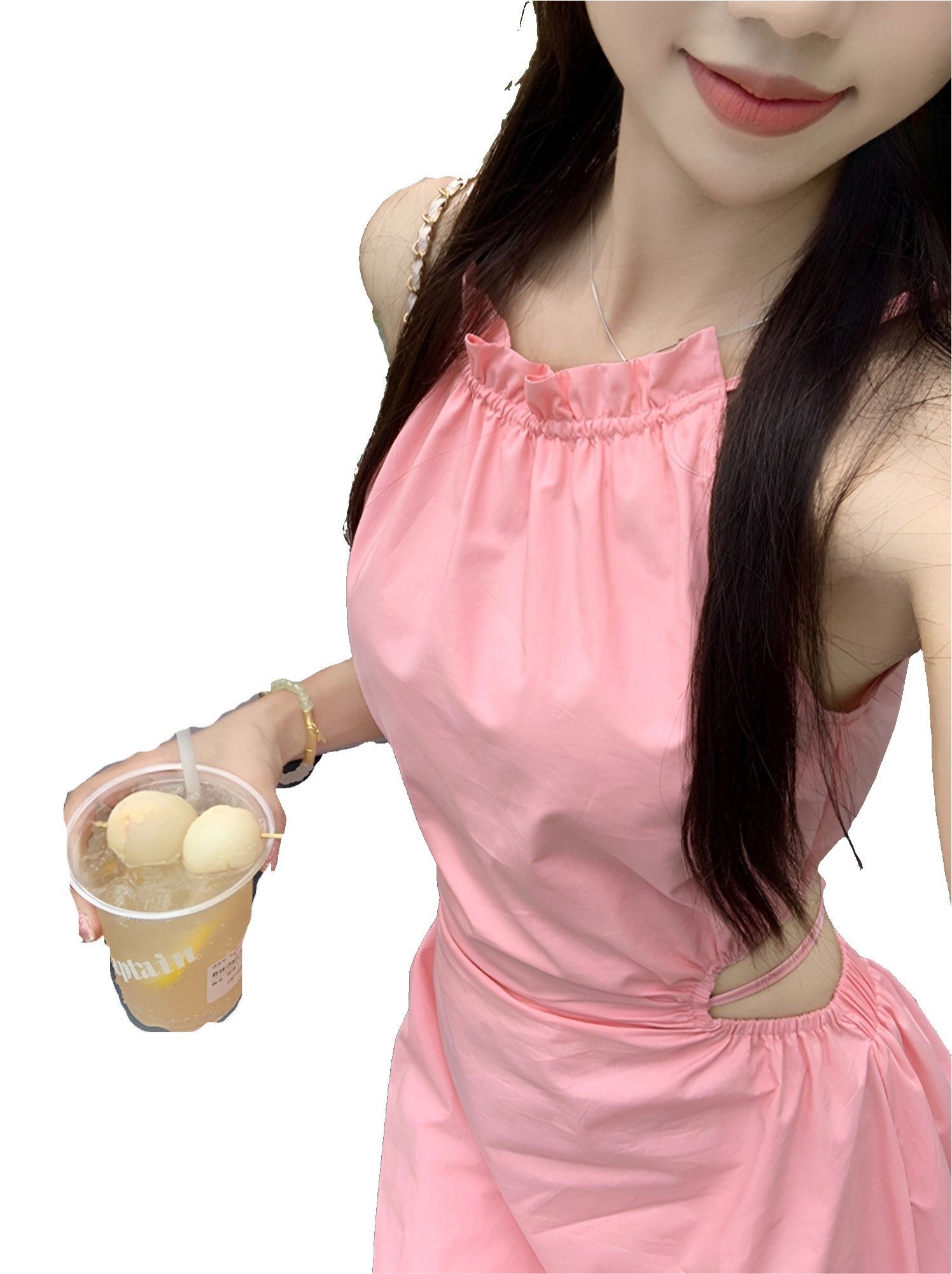 绝美粉色高级感挂脖吊带连衣裙女纯欲性感气质收腰绑带大摆长裙子