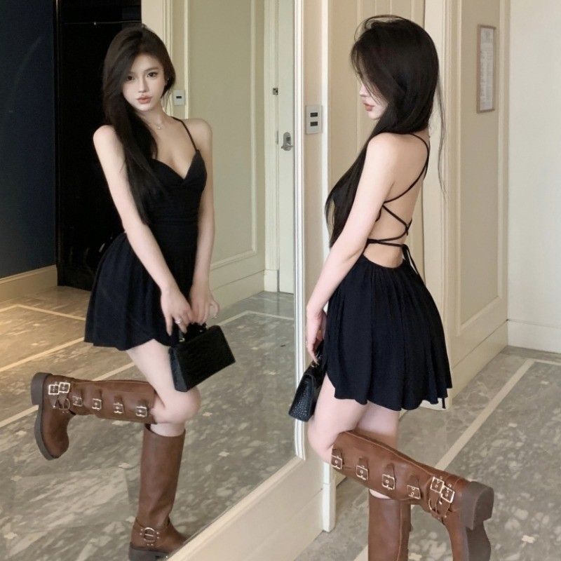 辣妹露背吊带连衣裙女夏季无袖高腰开叉芭蕾风性感绑带百褶短裙子 辣妹露背吊带连衣裙女夏季无袖高腰开叉芭蕾风性感绑带百褶短裙子