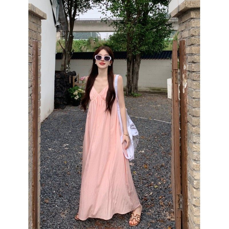 海边度假风粉色吊带连衣裙女夏季法式v领宽松显瘦无袖沙滩长裙子 海边度假风粉色吊带连衣裙女夏季法式v领宽松显瘦无袖沙滩长裙子