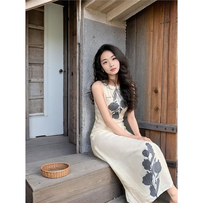 新中式女装气质复古印花连衣裙夏季小众设计慵懒度假风背心长裙子 新中式女装气质复古印花连衣裙夏季小众设计慵懒度假风背心长裙子