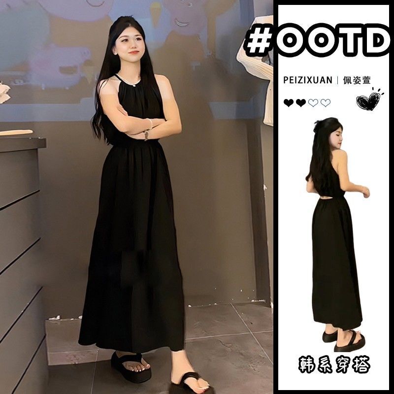 法式甜美无袖挂脖吊带连衣裙子女夏季2025新款小个子海边度假