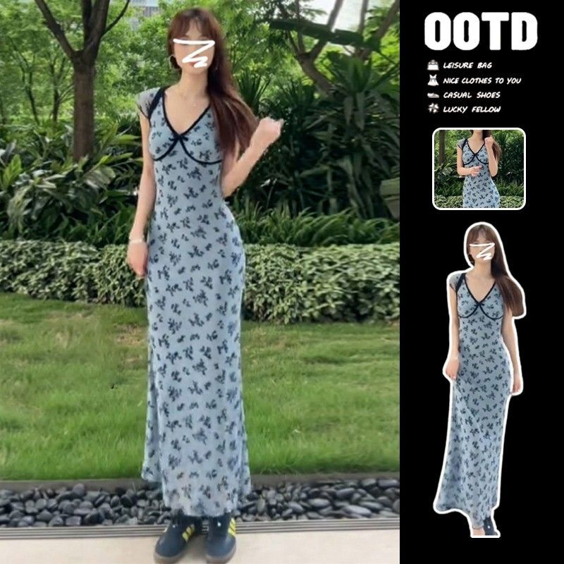 蓝色v领碎花连衣裙女装夏季2024新款法式茶歇桔梗小个子包臀 蓝色v领碎花连衣裙女装夏季2024新款法式茶歇桔梗小个子包臀