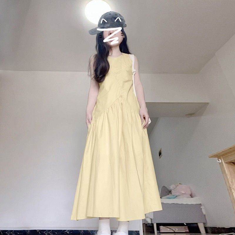 法式气质无袖背心连衣裙淡黄色女装夏季多巴胺甜美减龄a字长裙子