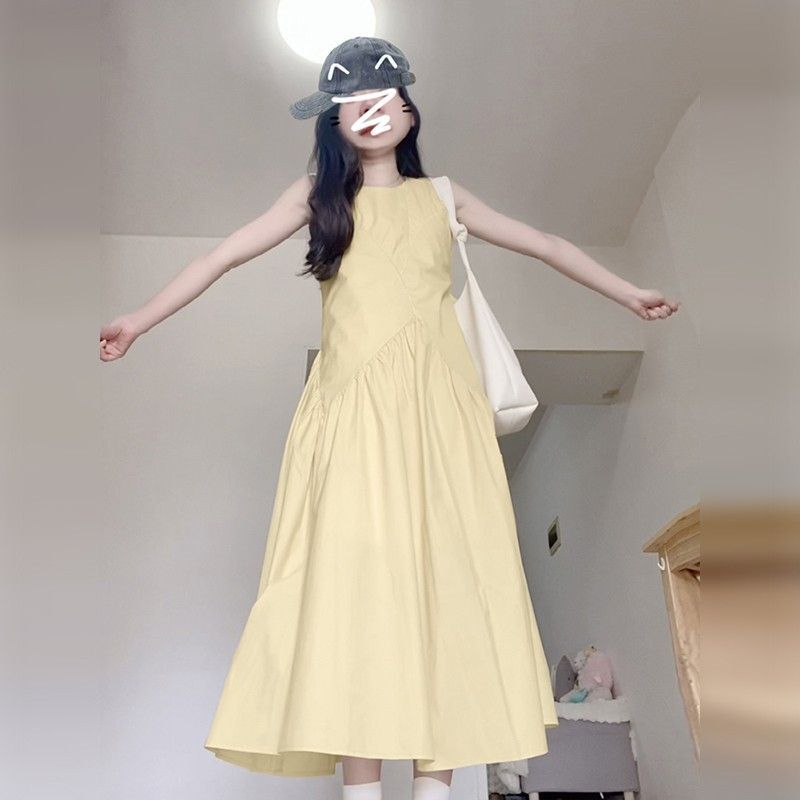 法式气质无袖背心连衣裙淡黄色女装夏季多巴胺甜美减龄a字长裙子