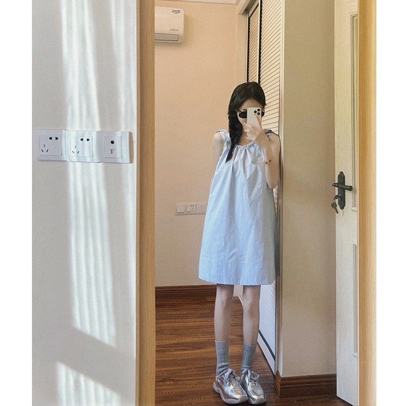 法式甜美小清新蓝色无袖背带连衣裙女2025新款夏季系带直筒短
