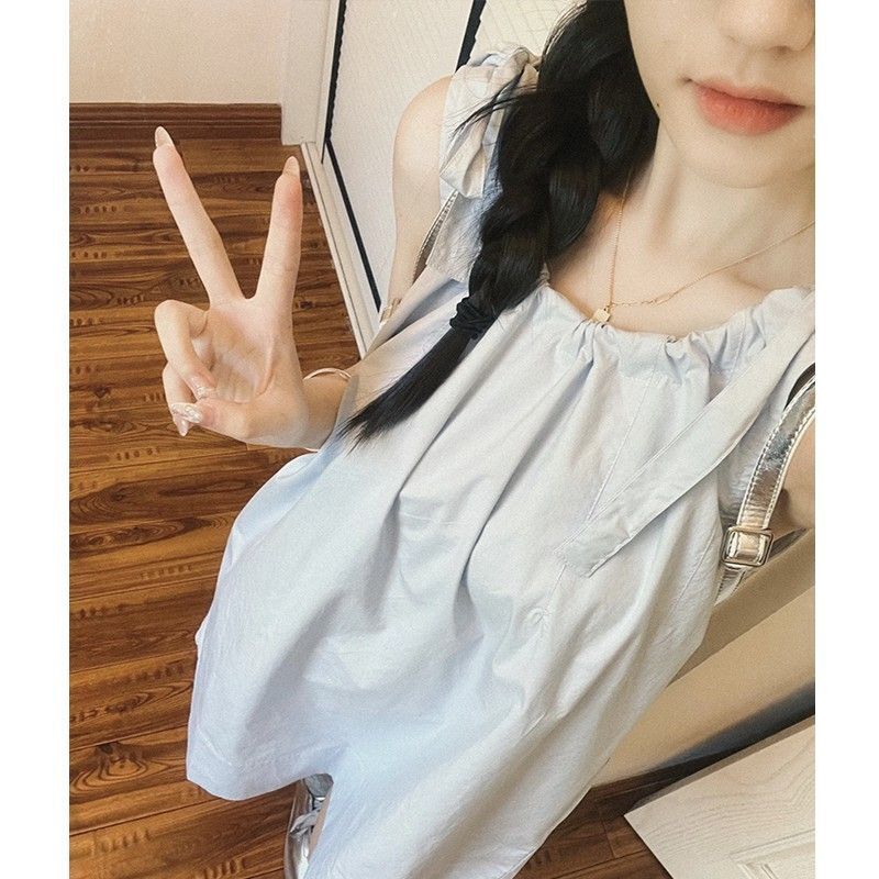 法式甜美小清新蓝色无袖背带连衣裙女2025新款夏季系带直筒短