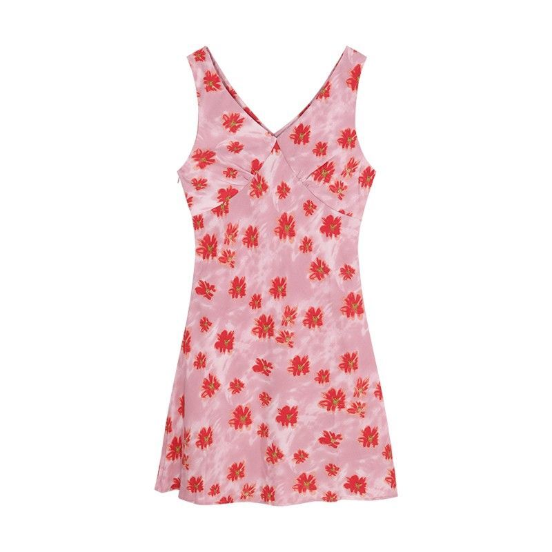 法式度假风V领碎花无袖背心连衣裙夏季新款修身显瘦别致百搭短裙