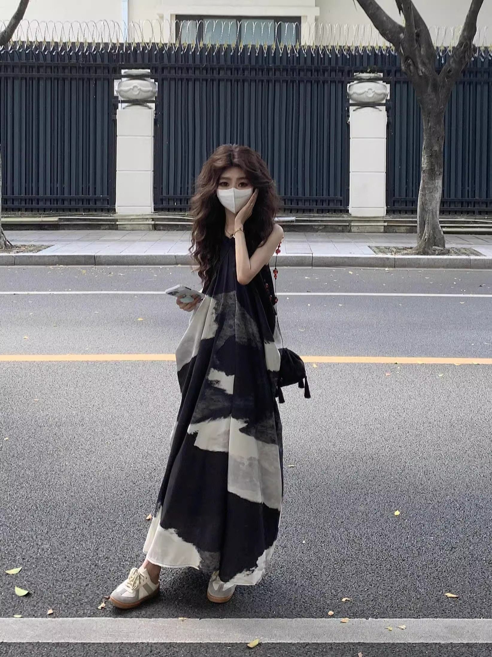 水墨撞色新中式复古无袖吊带连衣裙夏季度假宽松显瘦无袖v领长裙