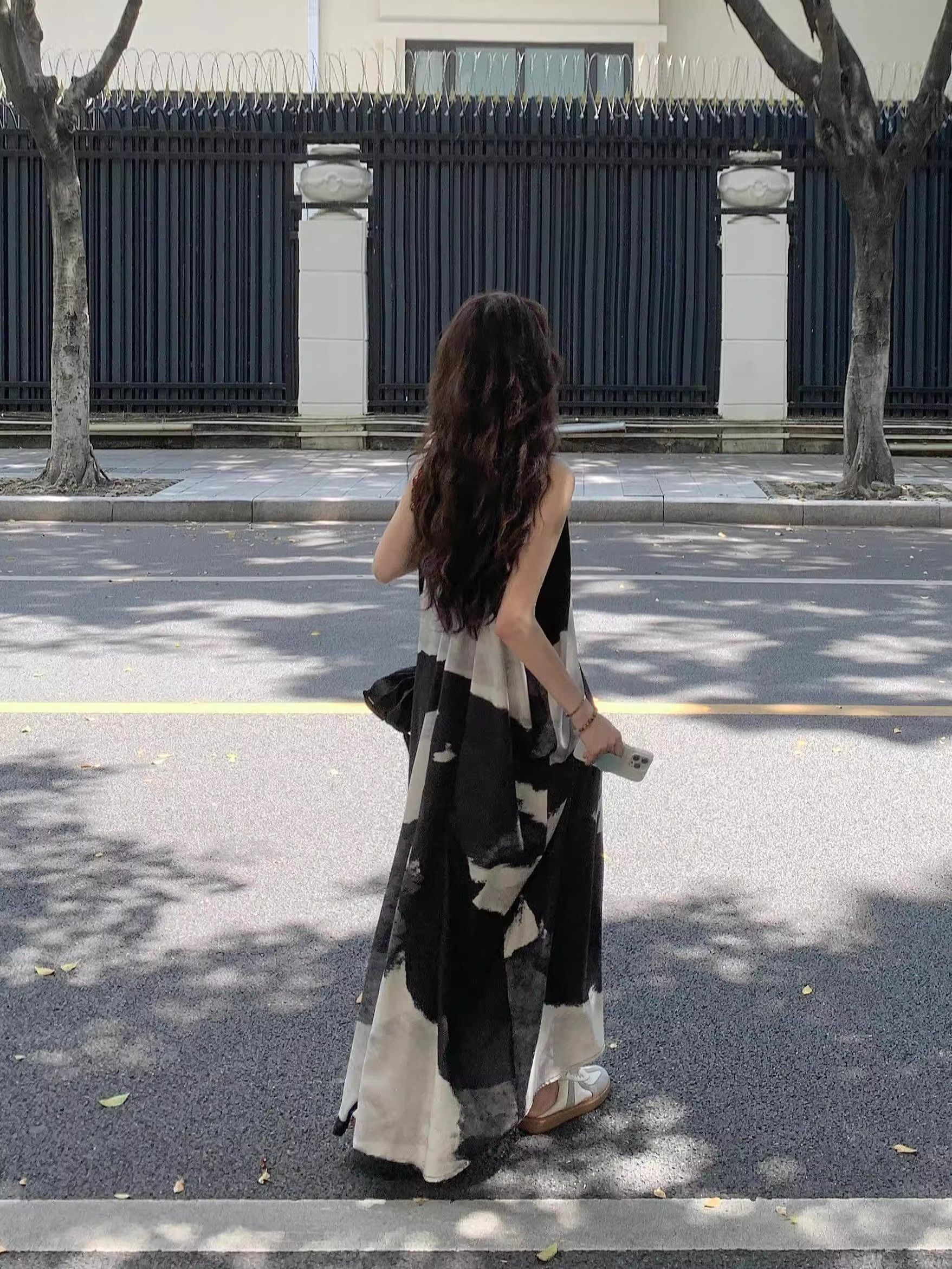 水墨撞色新中式复古无袖吊带连衣裙夏季度假宽松显瘦无袖v领长裙