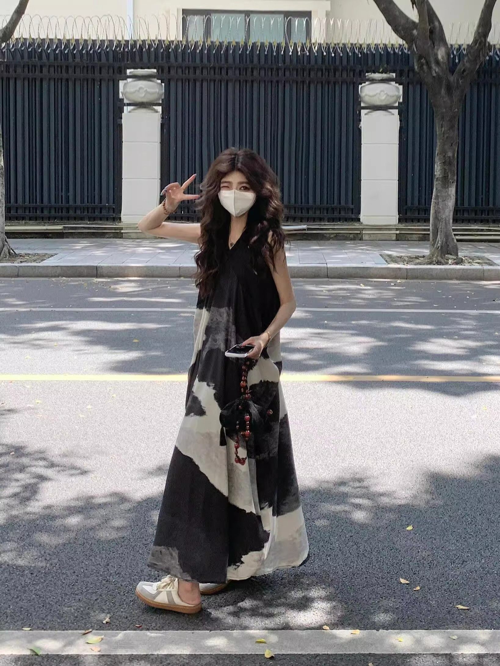 水墨撞色新中式复古无袖吊带连衣裙夏季度假宽松显瘦无袖v领长裙